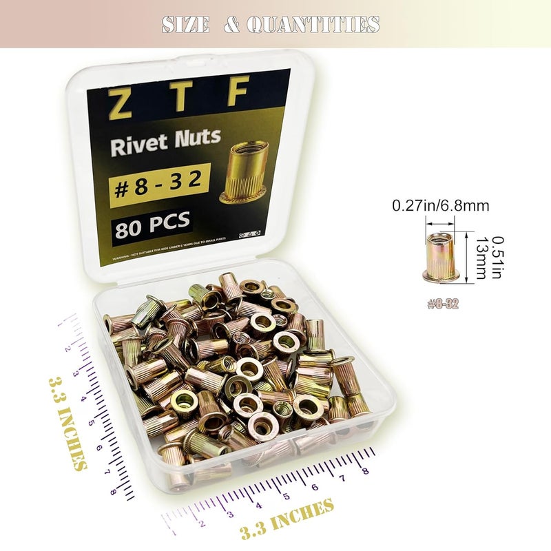 ZTF SAE 8-32 10-24 1/4-20 5/16-18 3/8 Inch-16UNC Rivet Nut Assortment Kit, Yellow Zinc Flat Head Rivnut Set, Threaded Insert Nutsert Rivnuts for Metal, Plastic, Fiberglass (#8-32UNC) - Image 4